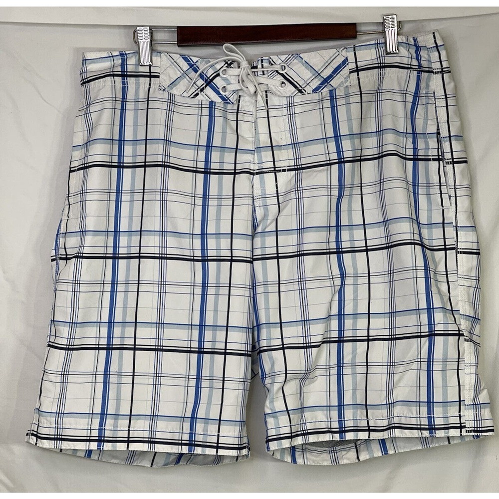Old Navy Mens Swim Trunks LARGE Board Shorts Blue White Plaid Swim Trunks